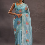 Sky Blue Organza Tissue Embroidery Saree With Petit Point Buttis