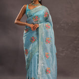 Sky Blue Organza Tissue Embroidery Saree With Petit Point Buttis