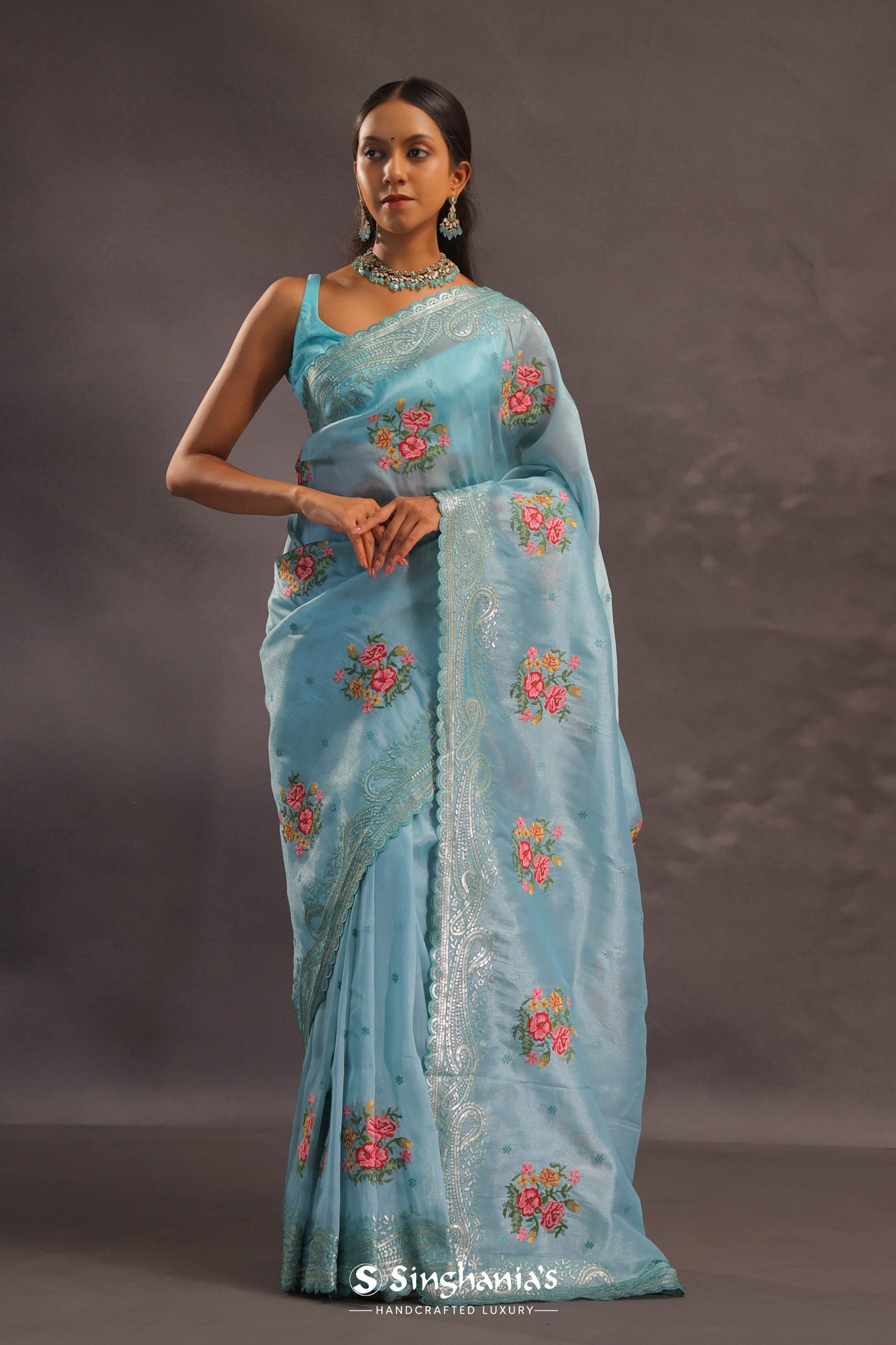 Sky Blue Organza Tissue Embroidery Saree With Petit Point Buttis