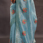Sky Blue Organza Tissue Embroidery Saree With Petit Point Buttis