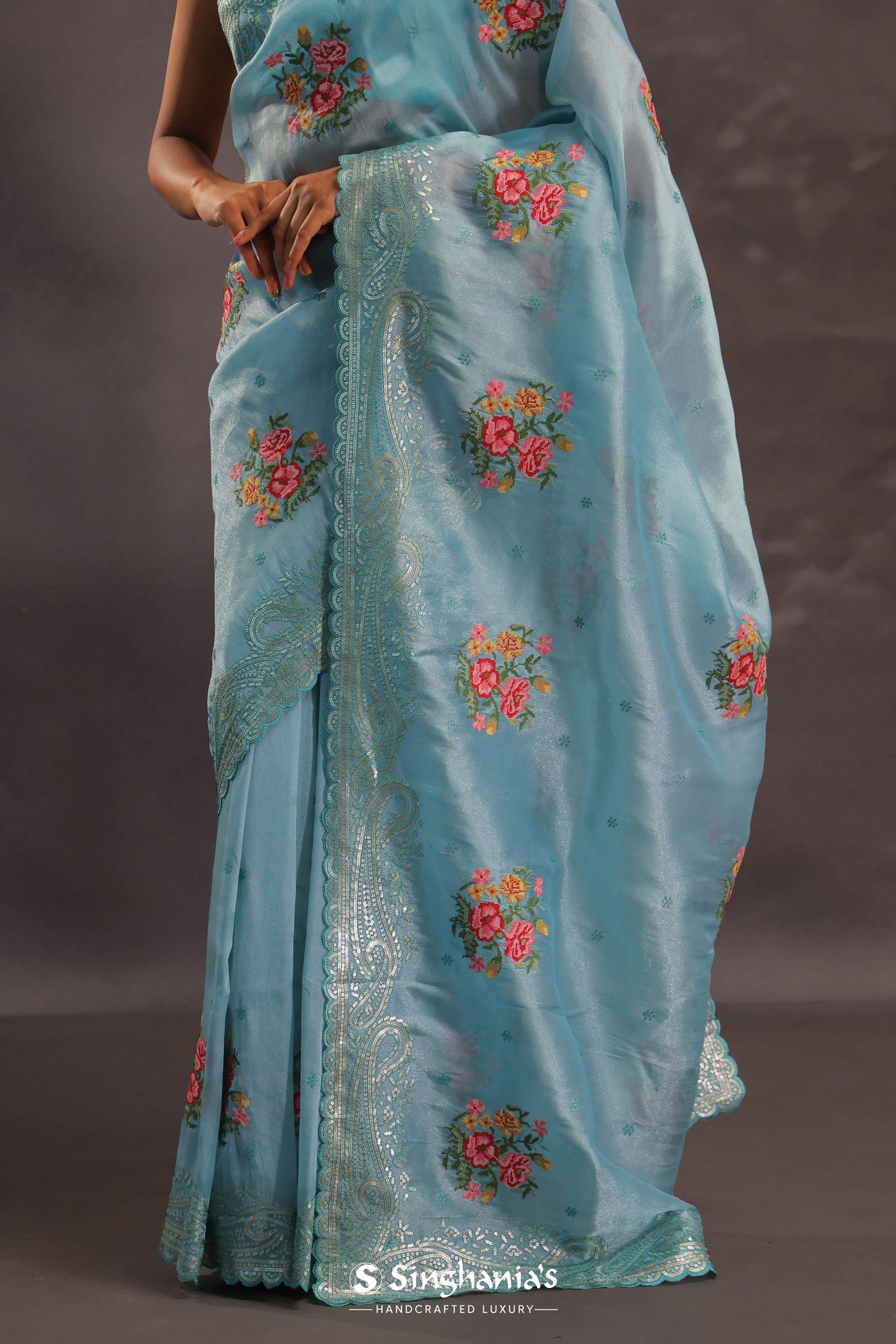 Sky Blue Organza Tissue Embroidery Saree With Petit Point Buttis