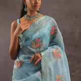 Sky Blue Organza Tissue Embroidery Saree With Petit Point Buttis