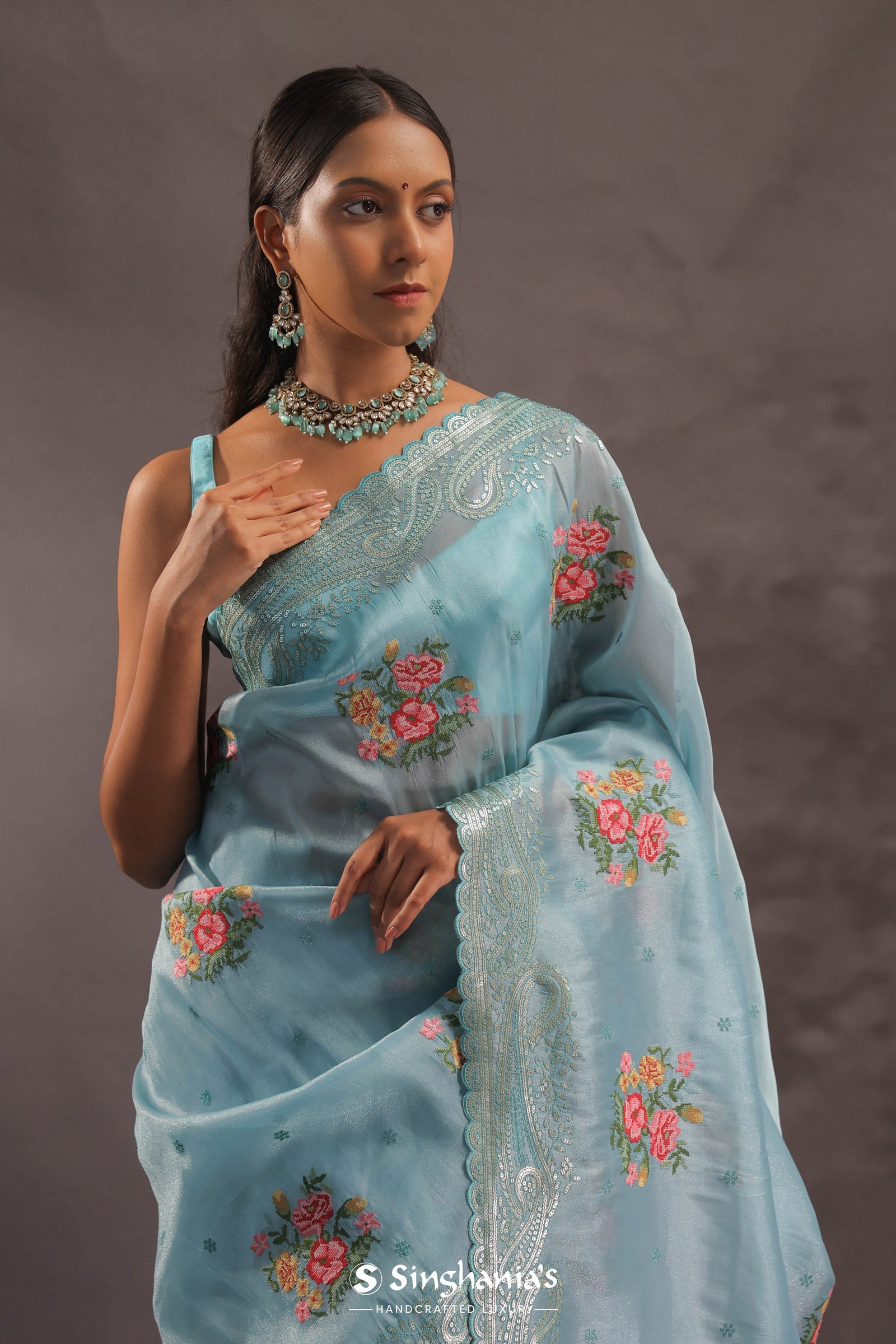 Sky Blue Organza Tissue Embroidery Saree With Petit Point Buttis