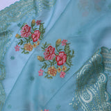 Sky Blue Organza Tissue Embroidery Saree With Petit Point Buttis