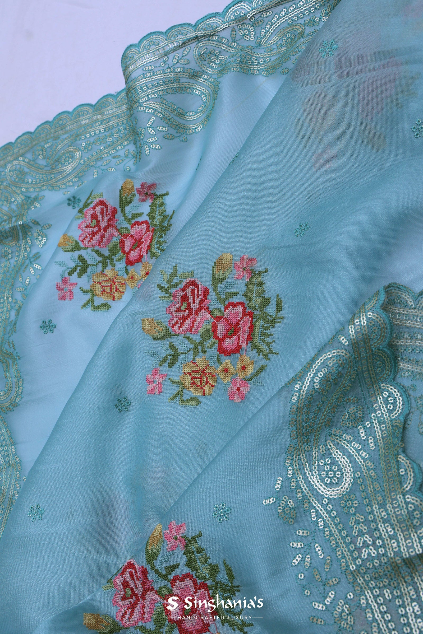 Sky Blue Organza Tissue Embroidery Saree With Petit Point Buttis