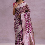 Burgundy Banarasi Silk Saree With Silver Zari Border