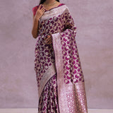 Burgundy Banarasi Silk Saree With Silver Zari Border