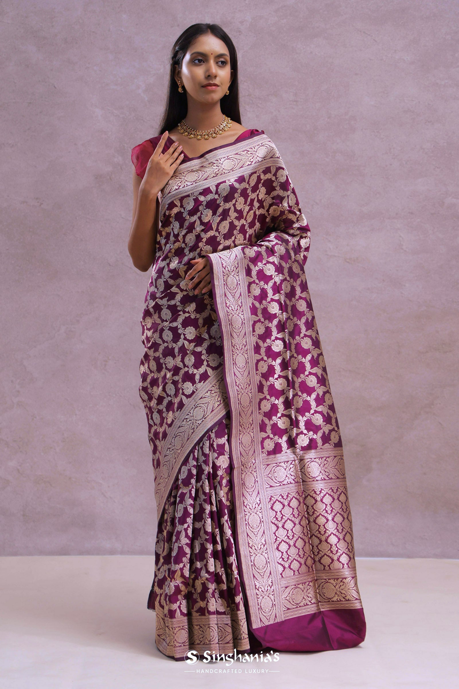 Burgundy Banarasi Silk Saree With Silver Zari Border
