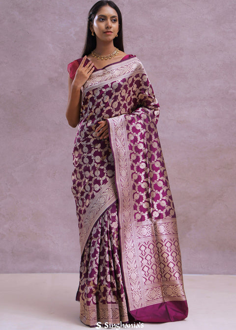 <img> Burgundy Banarasi Silk Saree With Silver Zari Border