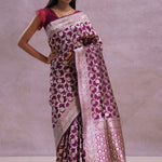Burgundy Banarasi Silk Saree With Silver Zari Border