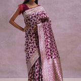 Burgundy Banarasi Silk Saree With Silver Zari Border