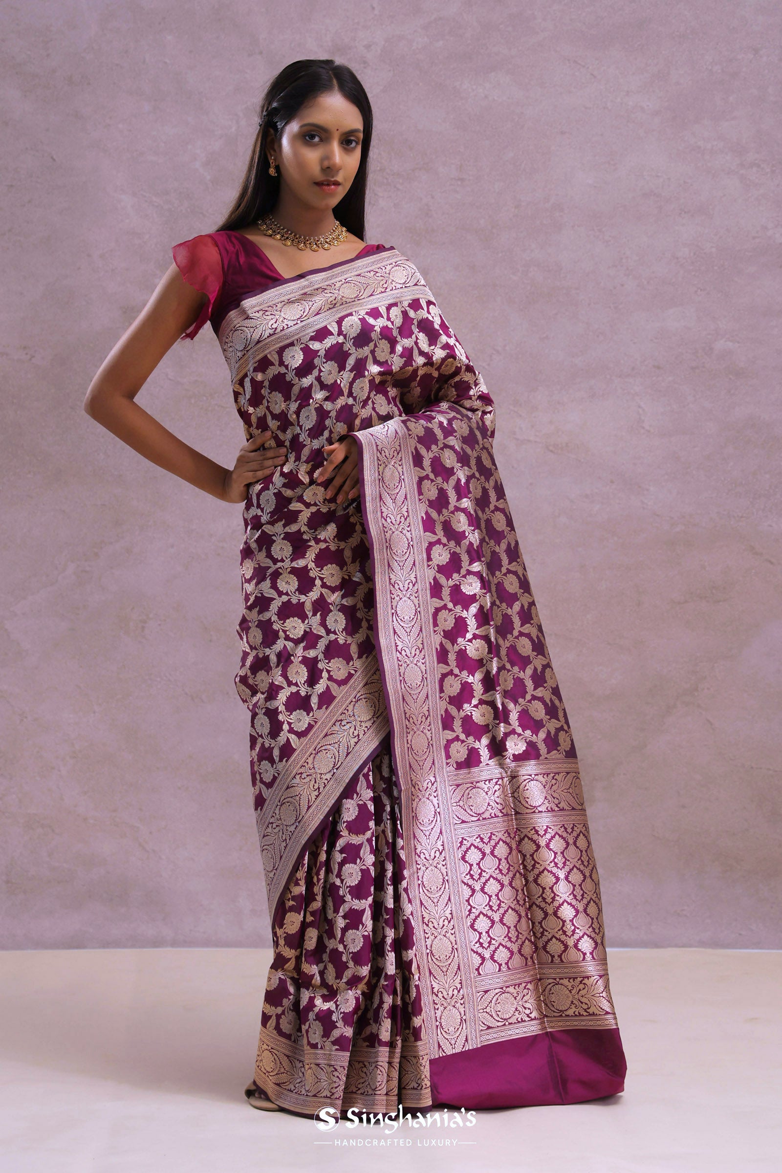 Burgundy Banarasi Silk Saree With Silver Zari Border
