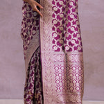 Burgundy Banarasi Silk Saree With Silver Zari Border