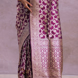 Burgundy Banarasi Silk Saree With Silver Zari Border