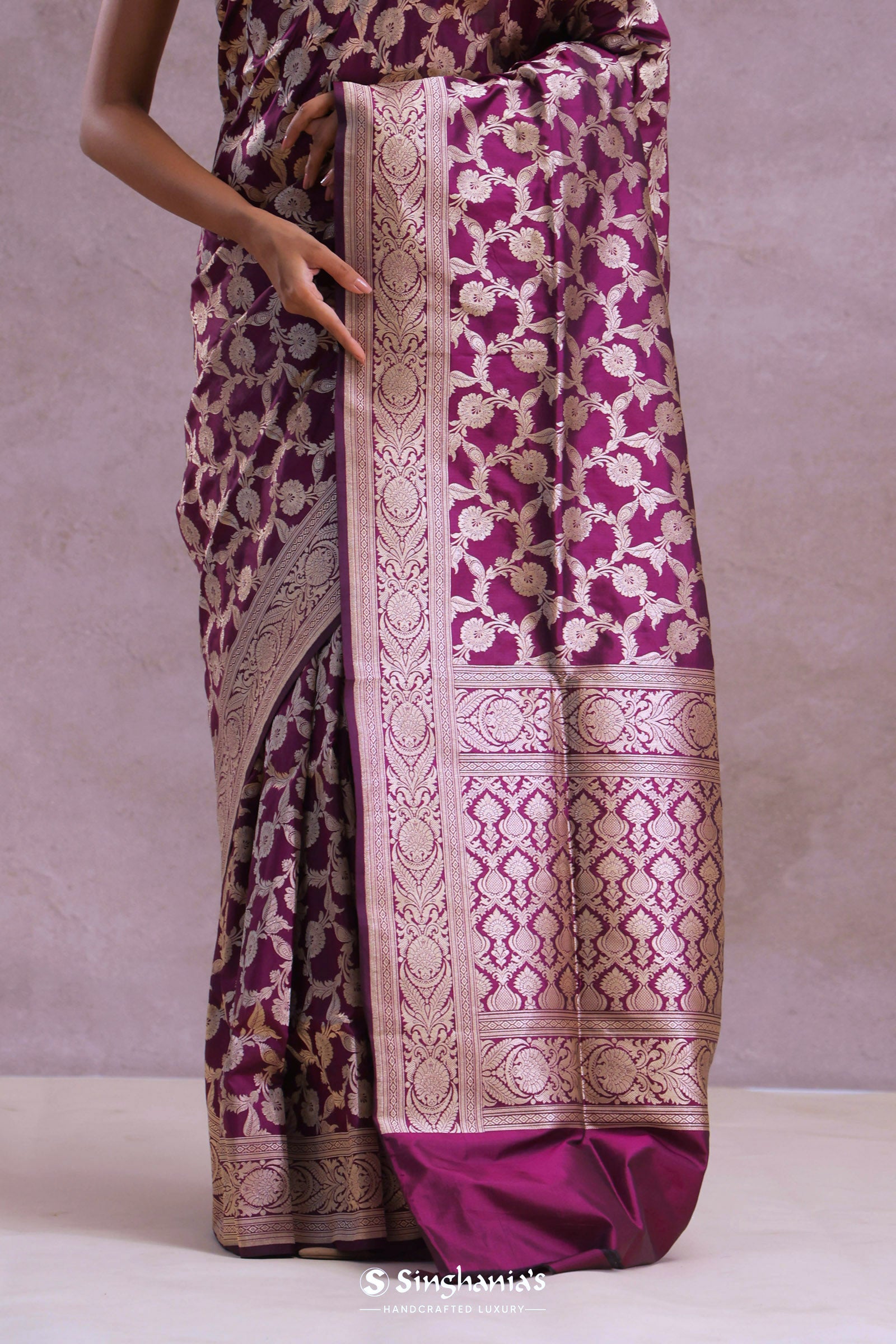 Burgundy Banarasi Silk Saree With Silver Zari Border