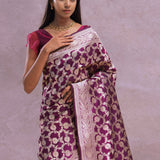 Burgundy Banarasi Silk Saree With Silver Zari Border