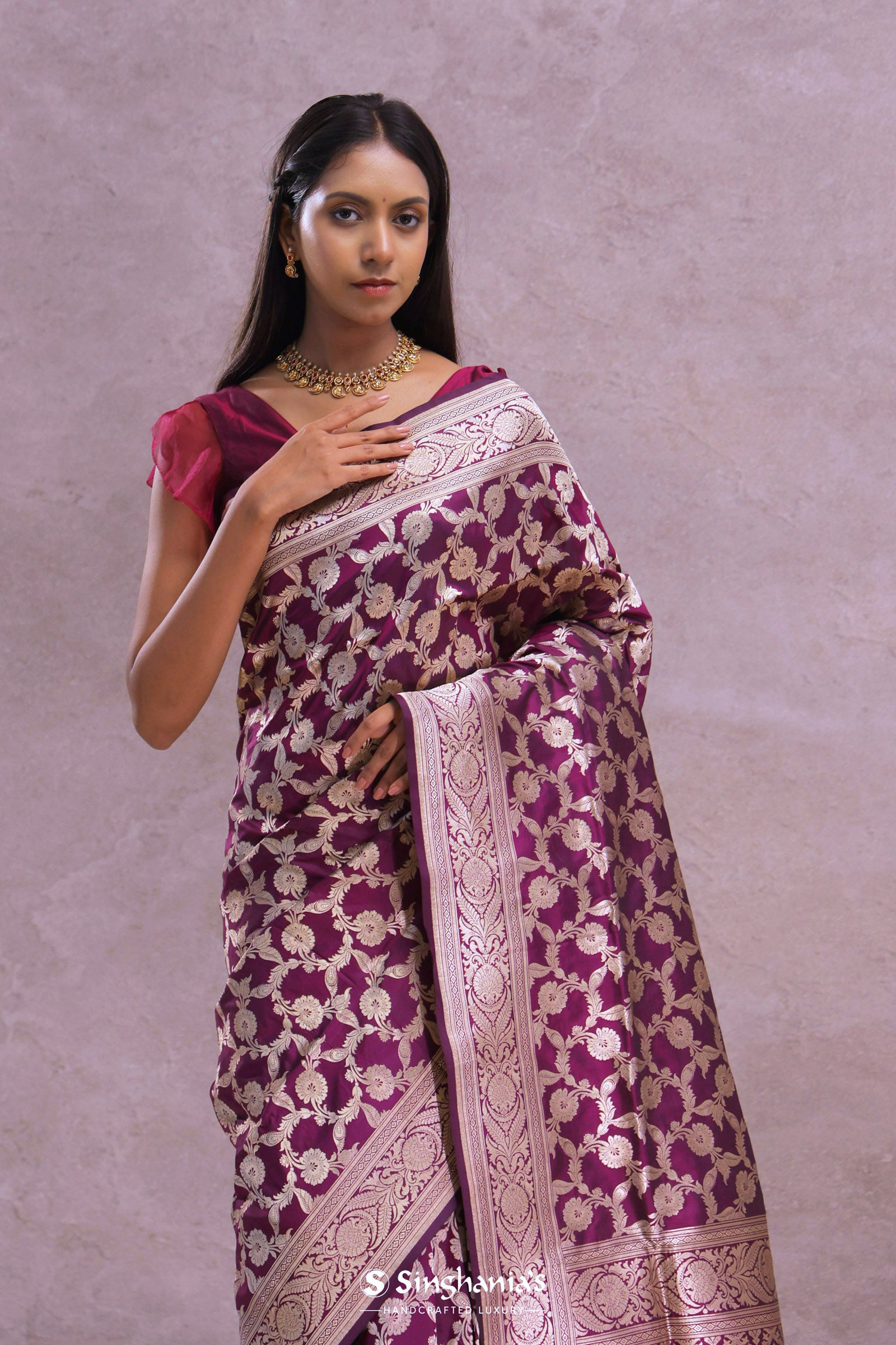 Burgundy Banarasi Silk Saree With Silver Zari Border