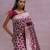 Burgundy Banarasi Silk Saree With Silver Zari Border