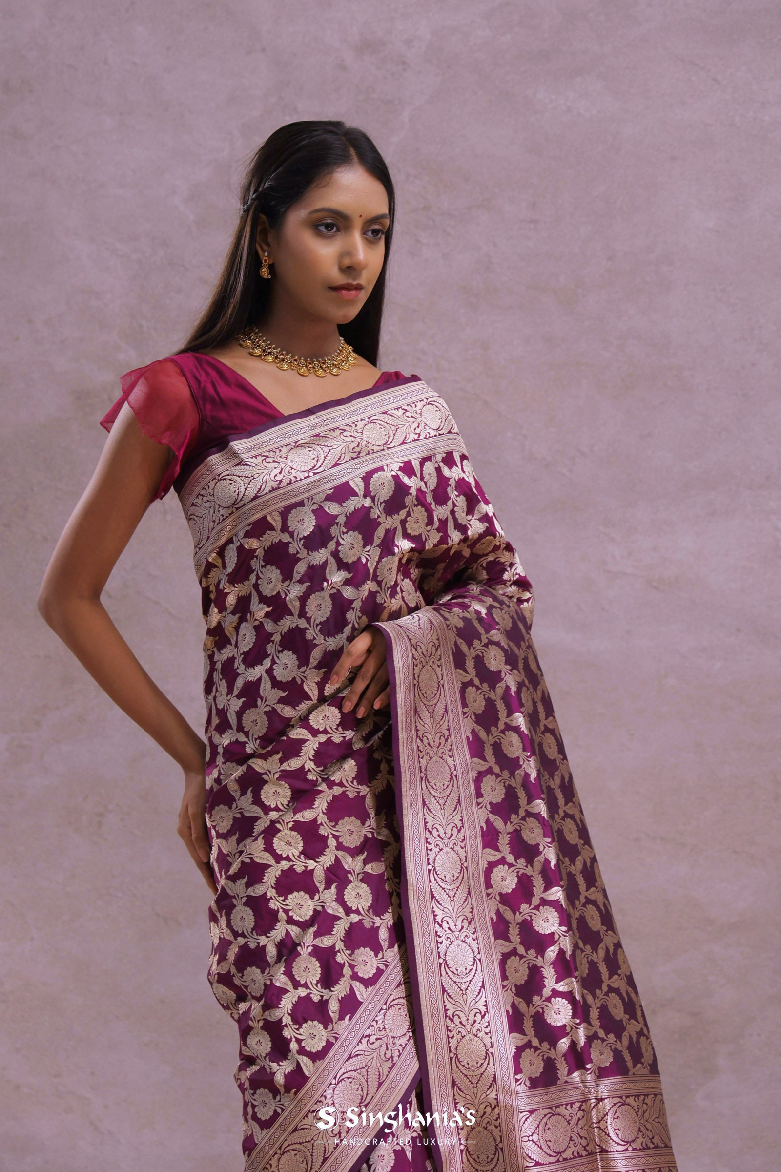 Burgundy Banarasi Silk Saree With Silver Zari Border