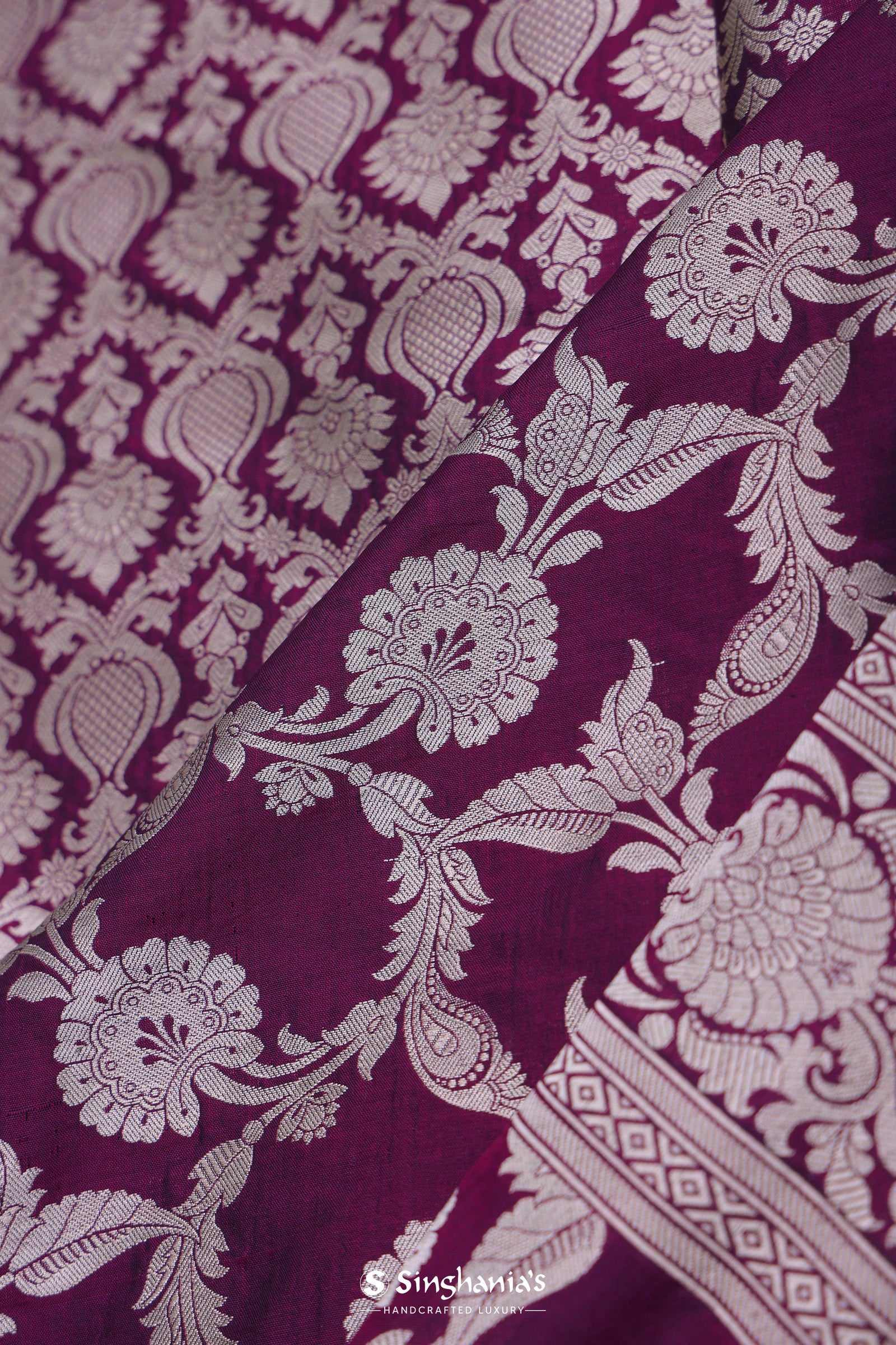 Burgundy Banarasi Silk Saree With Silver Zari Border