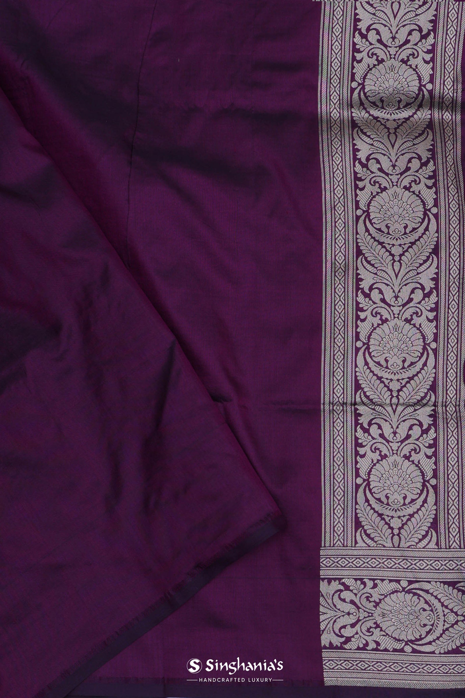 Burgundy Banarasi Silk Saree With Silver Zari Border