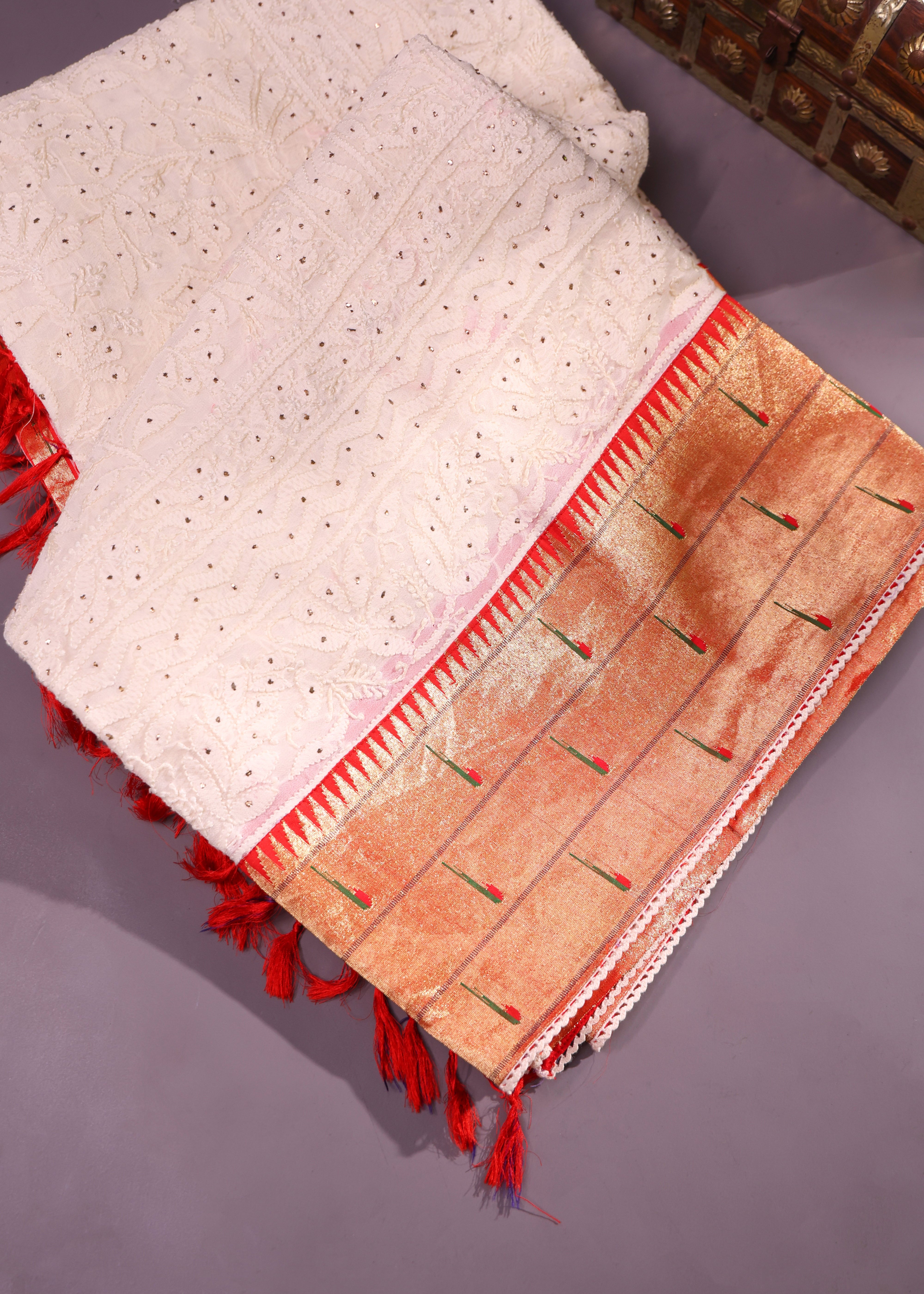Cream Colour Chikankari Triple Muniya Saree With Intricate Embroidery
