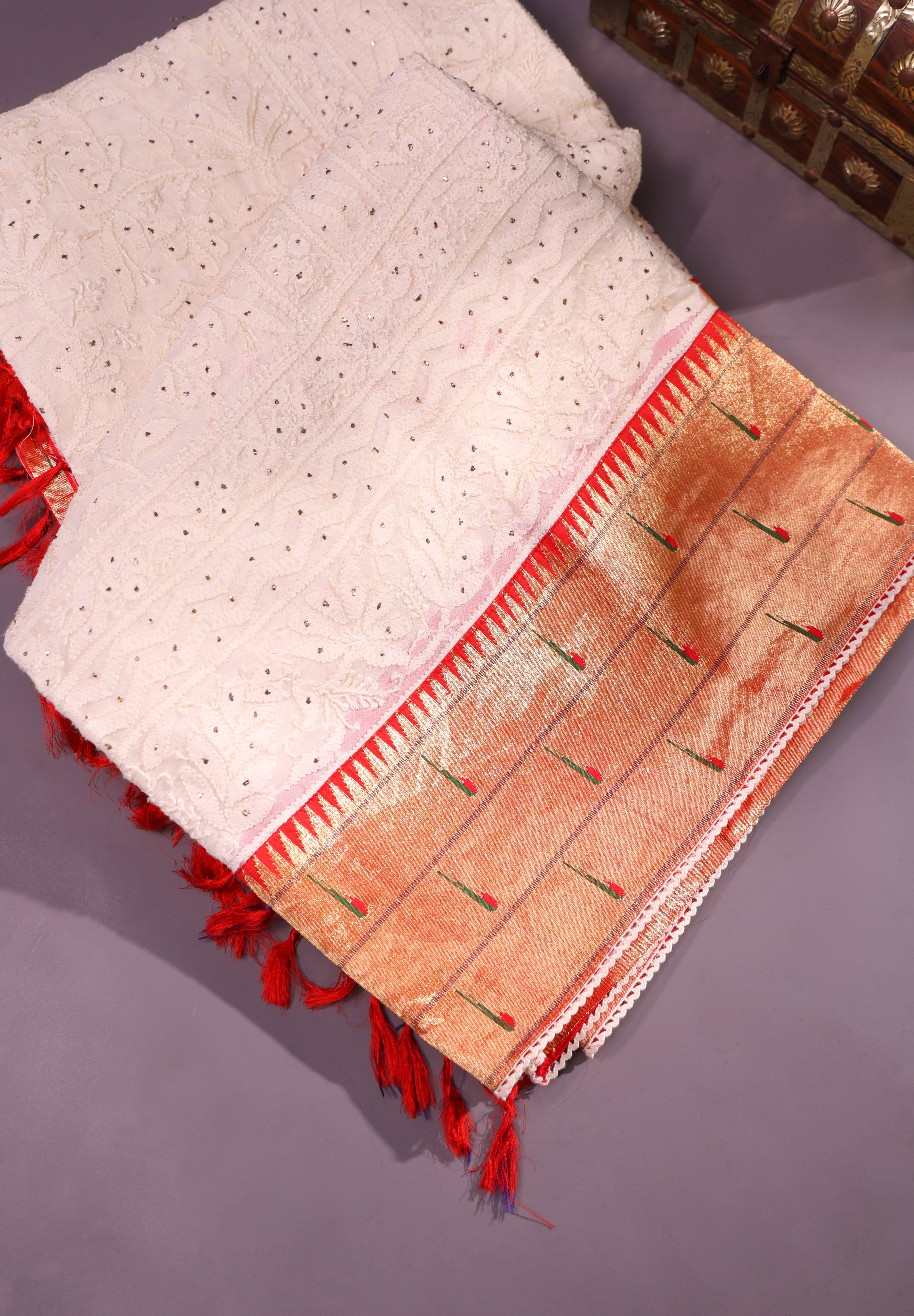 Cream Colour Chikankari Triple Muniya Saree With Intricate Embroidery