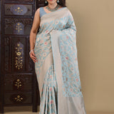 Light Aqua Blue Banarasi Saree With Floral Jaal Work