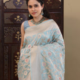 Light Aqua Blue Banarasi Saree With Floral Jaal Work
