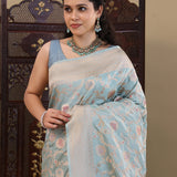 Light Aqua Blue Banarasi Saree With Floral Jaal Work