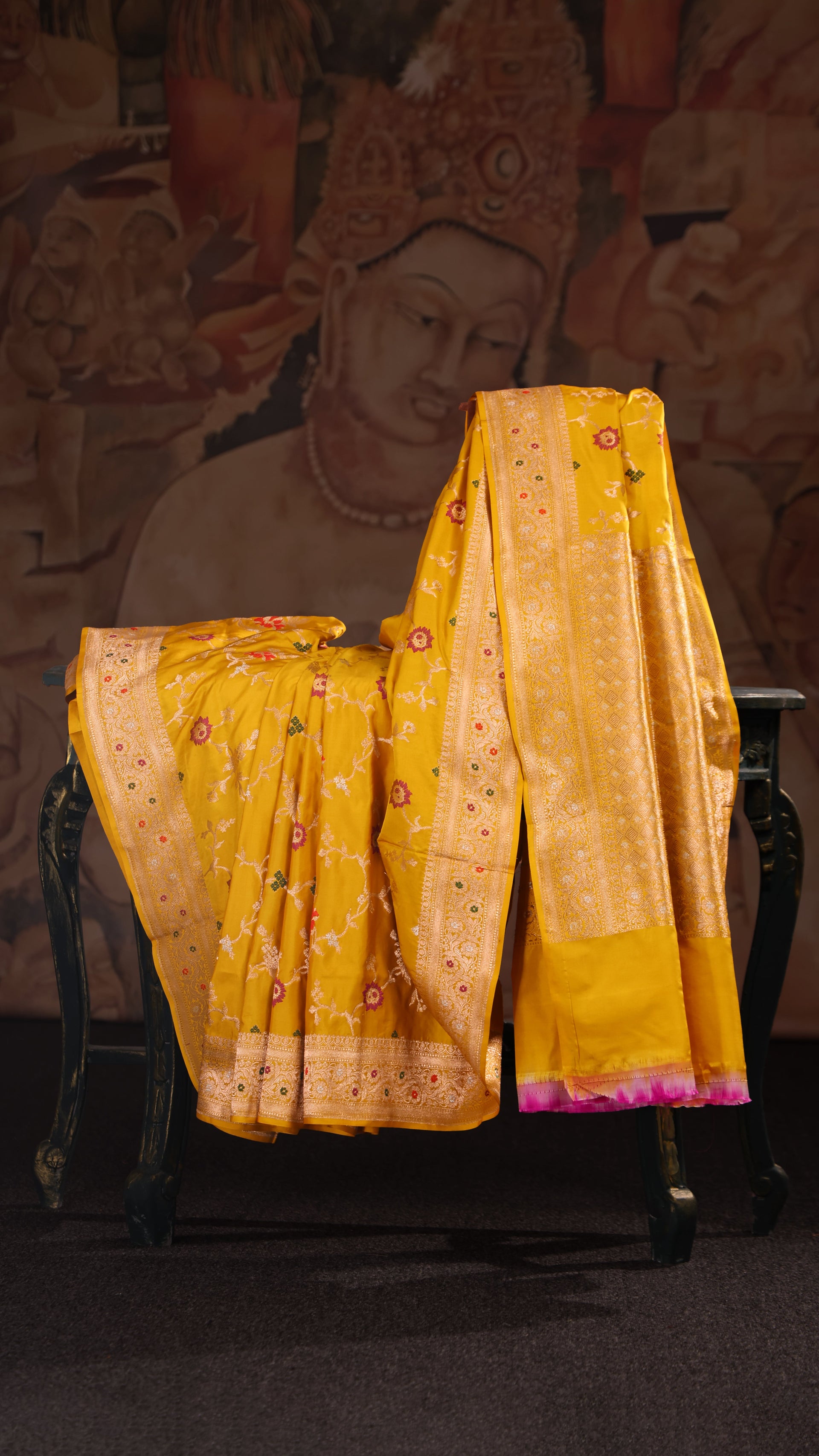 <img> Vibrant Yellow Banarasi Silk Saree Adorned With Floral Embroidery