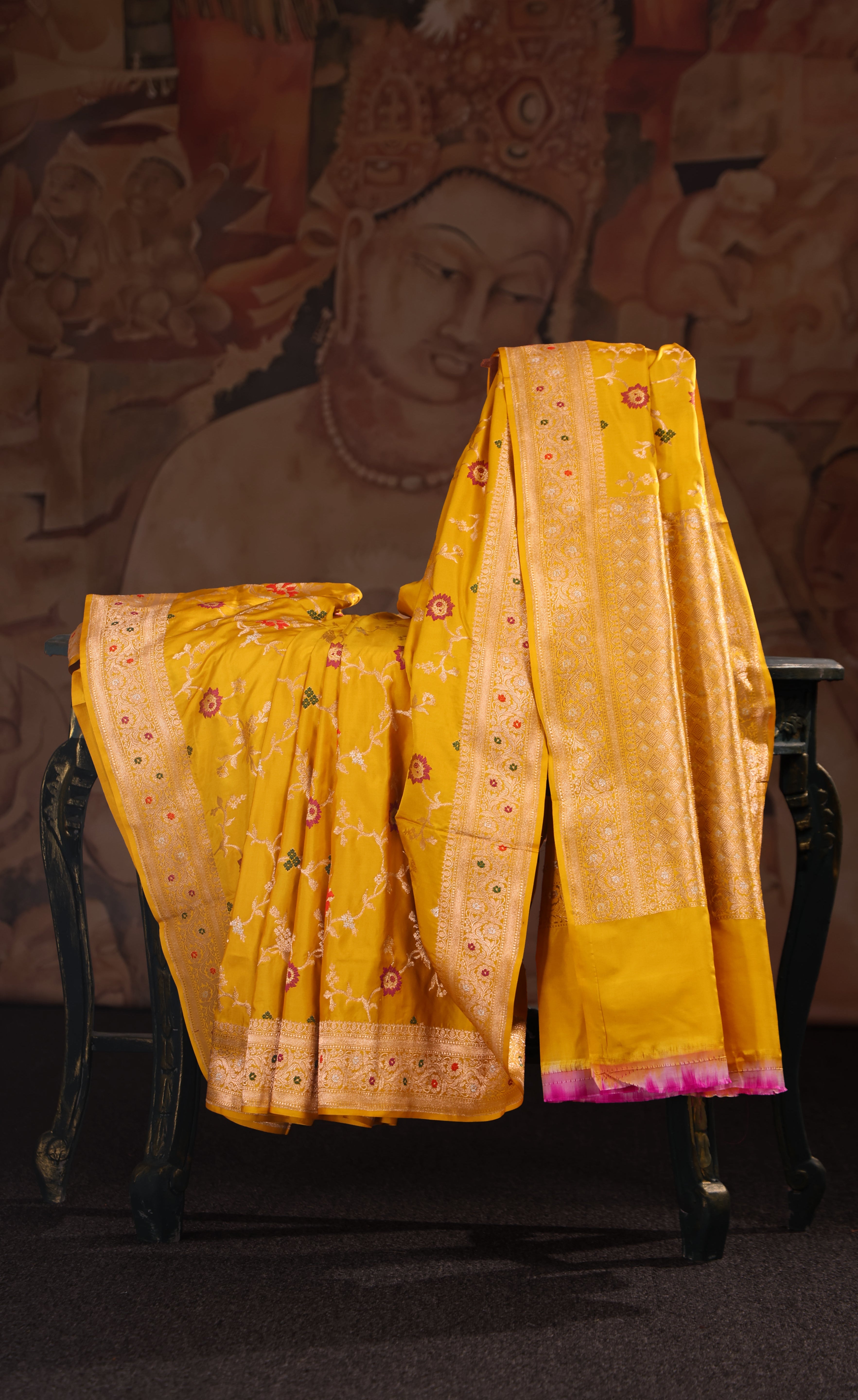 Vibrant Yellow Banarasi Silk Saree Adorned With Floral Embroidery