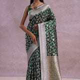 Dark Green Banarasi Silk Saree With Contrast Border