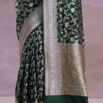 Dark Green Banarasi Silk Saree With Contrast Border