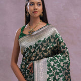 Dark Green Banarasi Silk Saree With Contrast Border