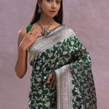 Dark Green Banarasi Silk Saree With Contrast Border