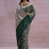 Dark Green Banarasi Silk Saree With Contrast Border