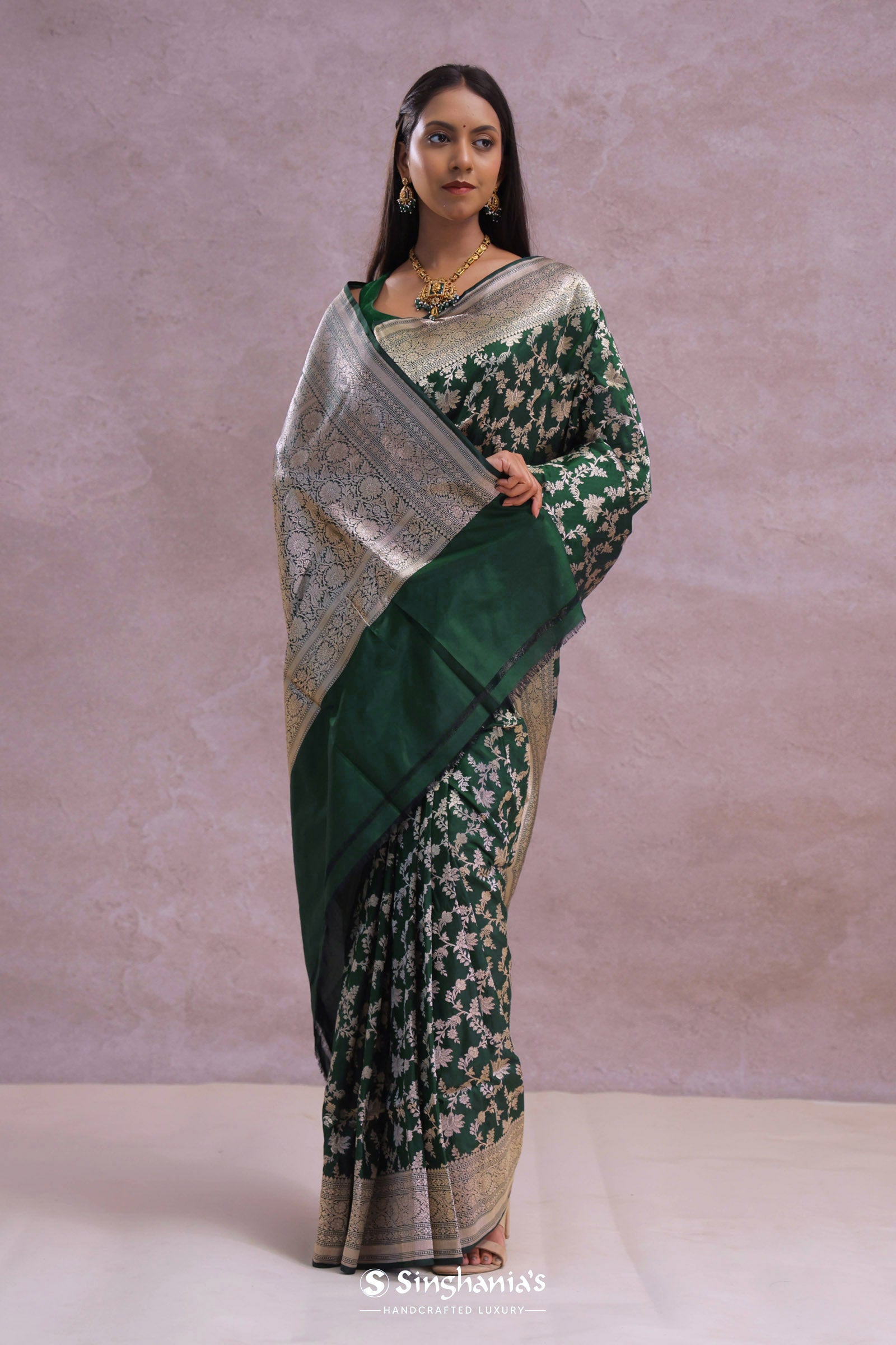 Dark Green Banarasi Silk Saree With Contrast Border