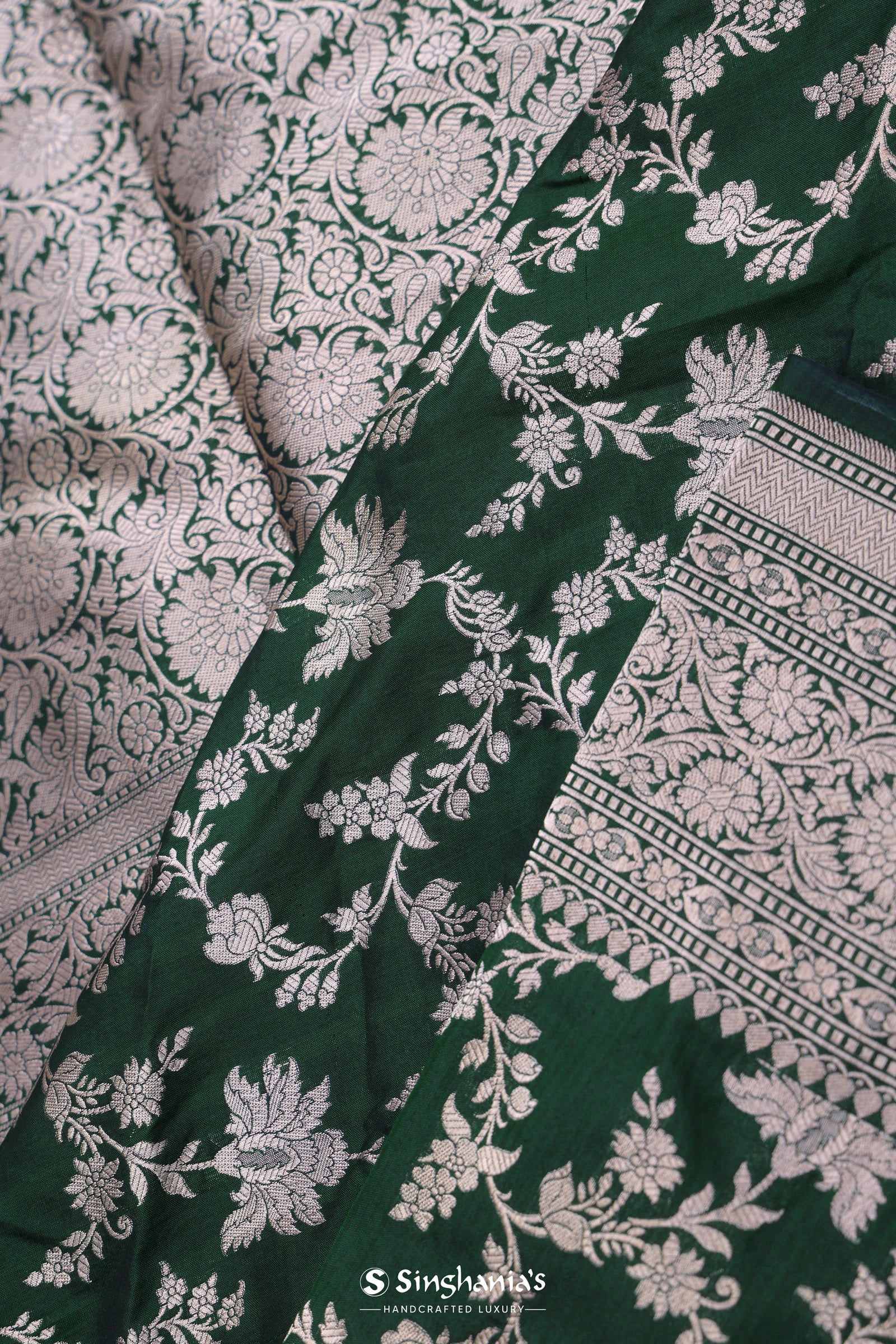 Dark Green Banarasi Silk Saree With Contrast Border