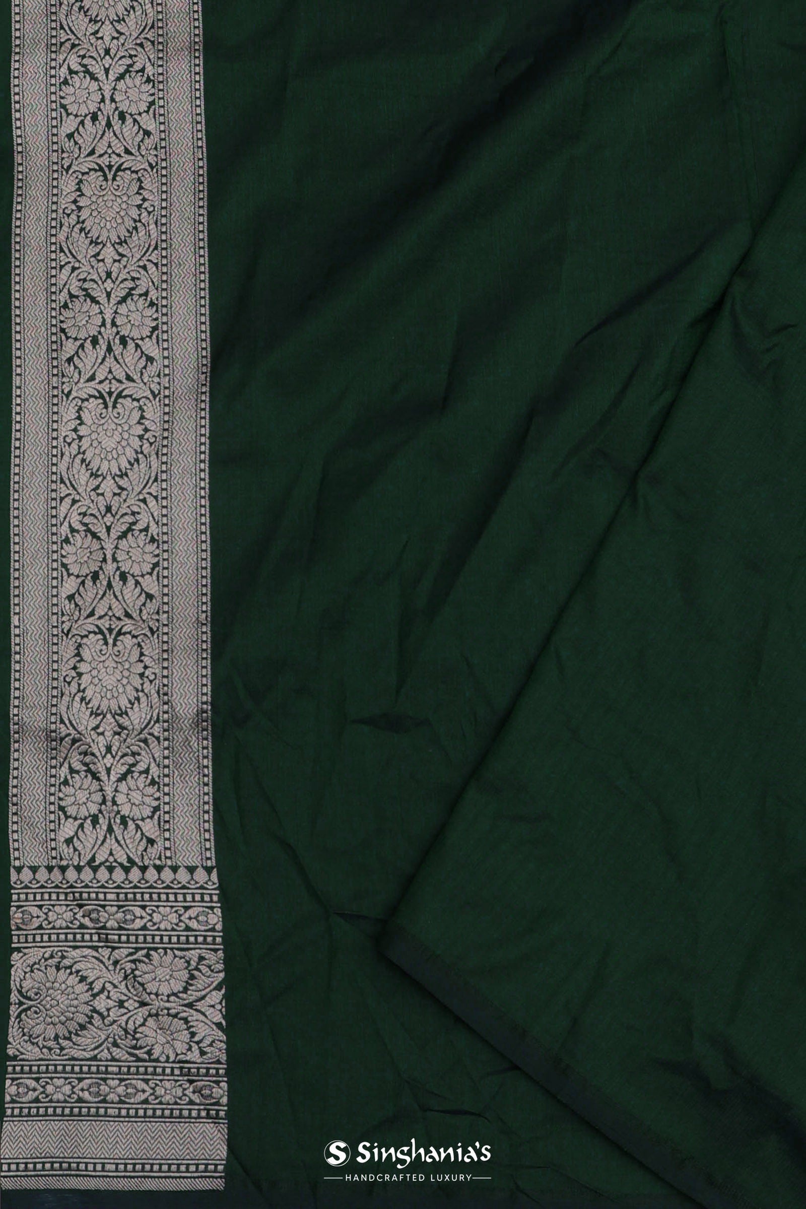 Dark Green Banarasi Silk Saree With Contrast Border