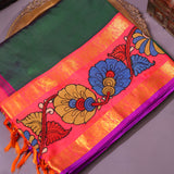 Green Kanchi Pure Silk Saree With Exquisite Hand-Painted Kalamkari Motifs