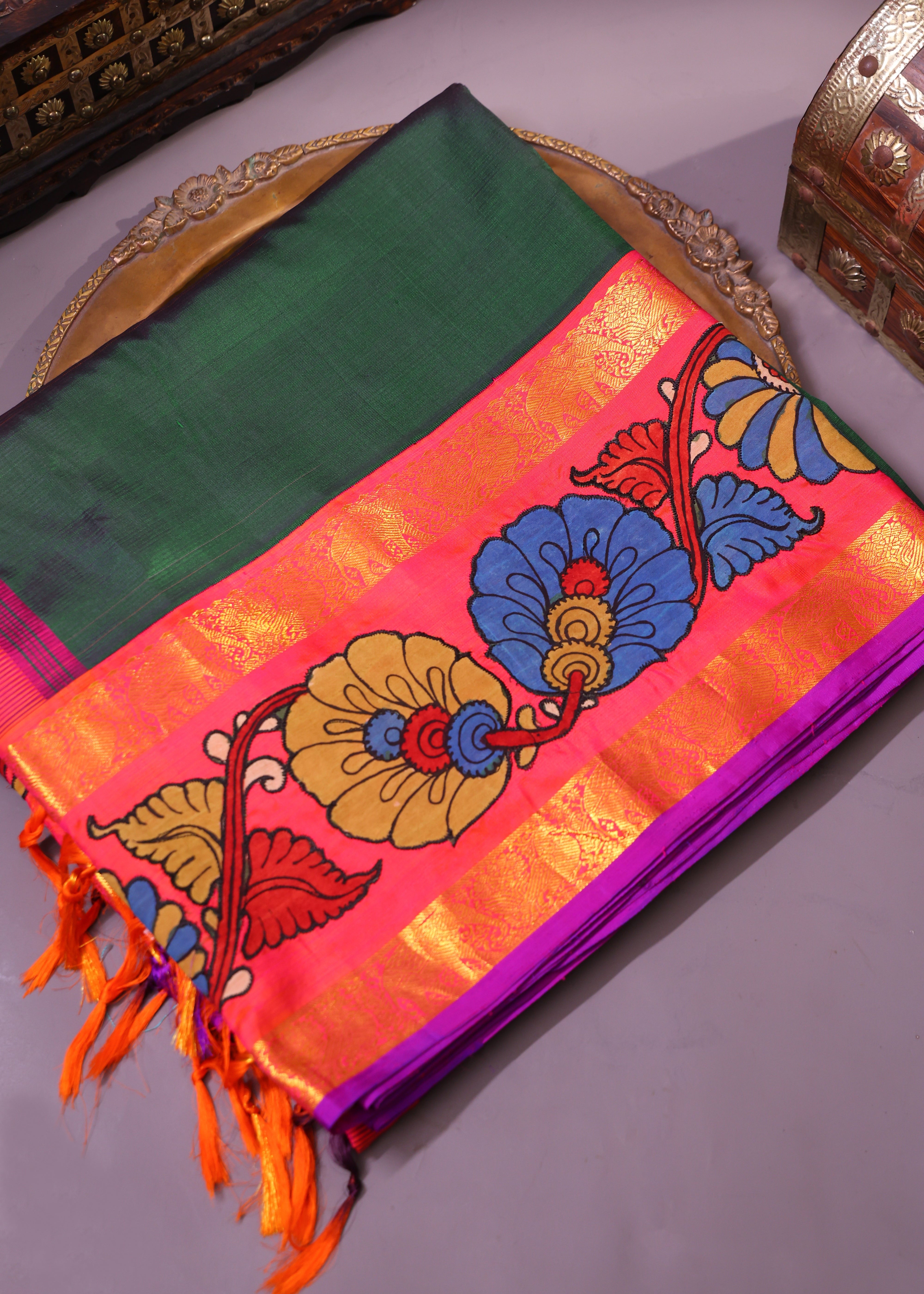 Green Kanchi Pure Silk Saree With Exquisite Hand-Painted Kalamkari Motifs