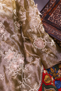 <img> Elegant Peach Pink Tissue Organza Pen Kalamkari Saree