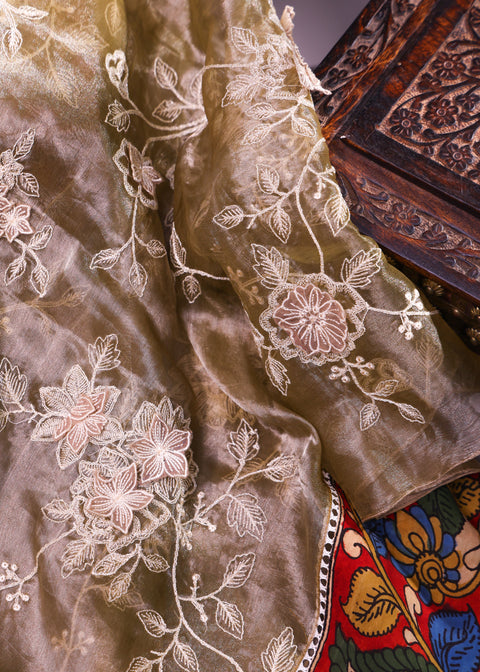 <img> Elegant Peach Pink Tissue Organza Pen Kalamkari Saree