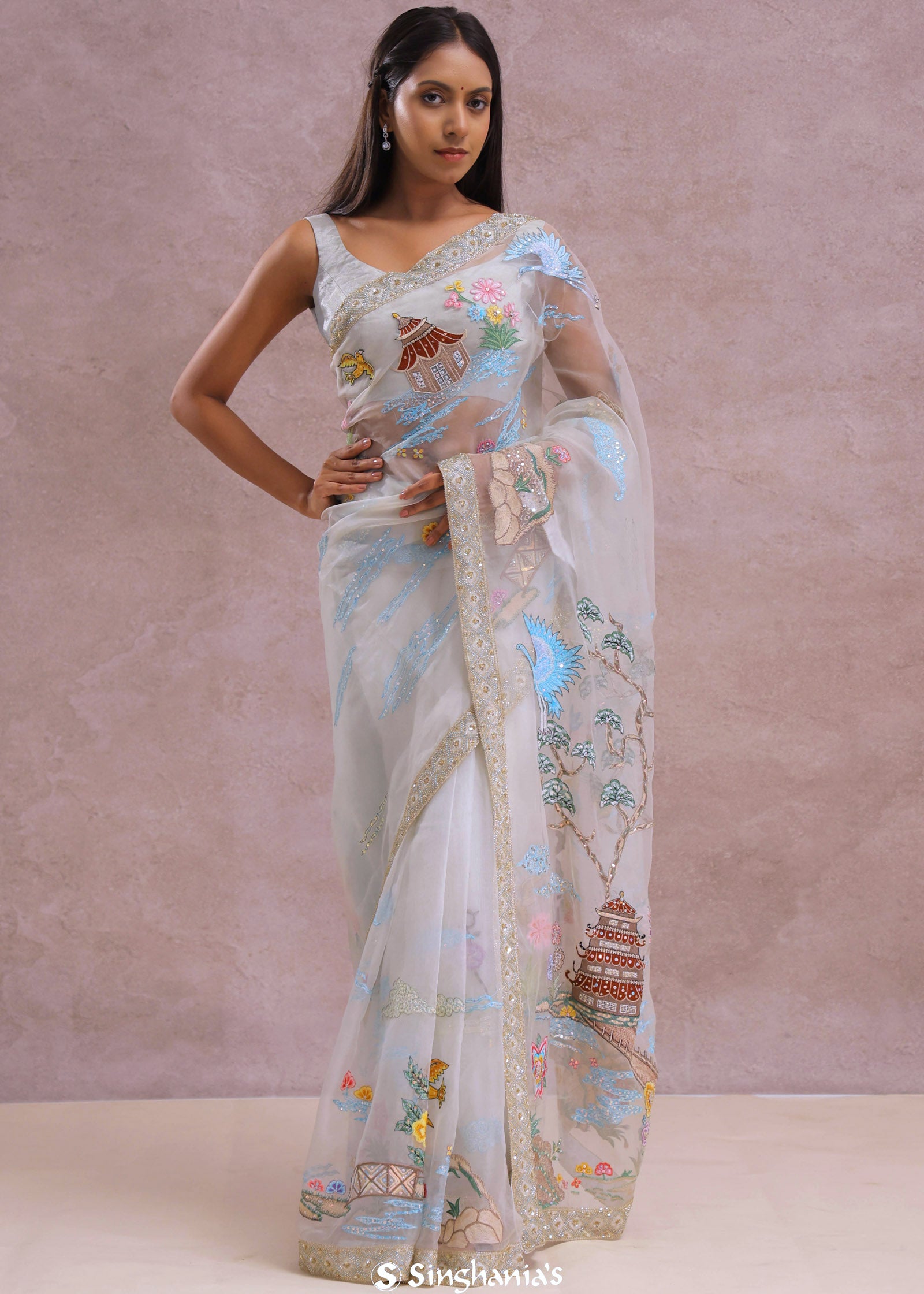 White Organza Embroidery Saree