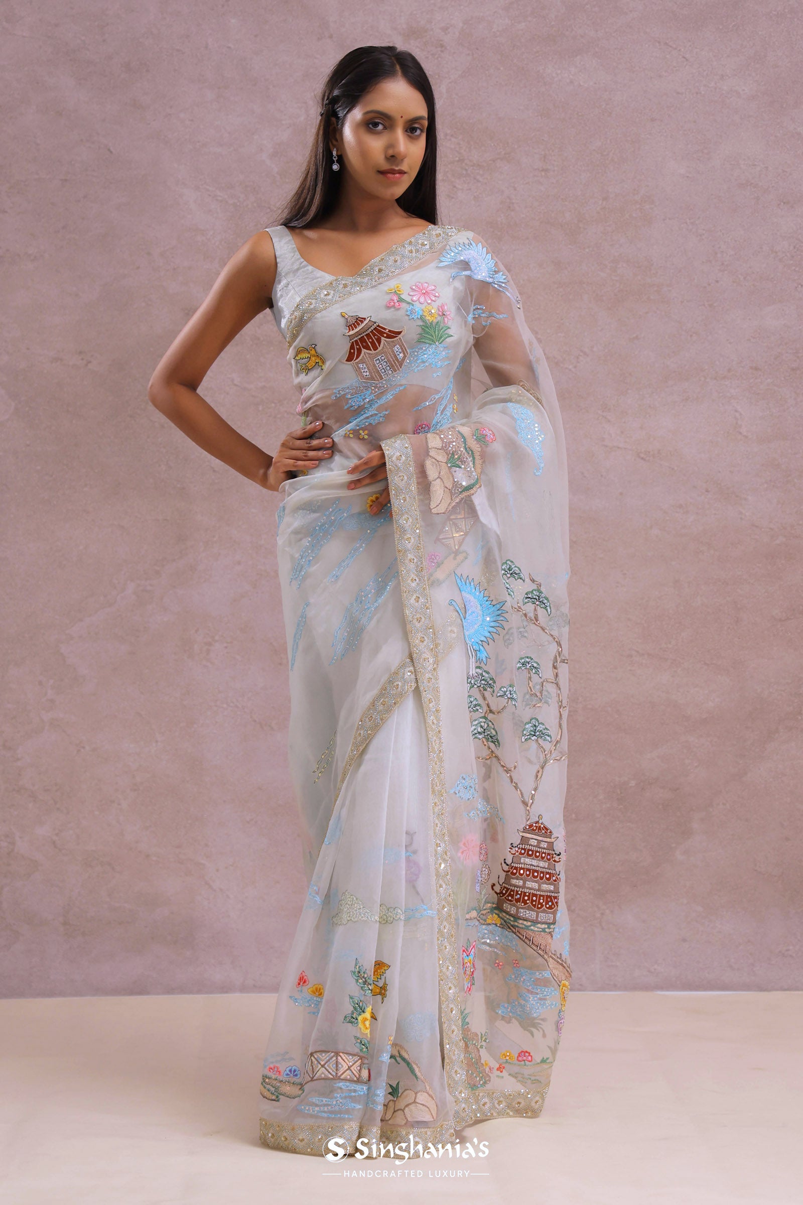 White Organza Embroidery Saree