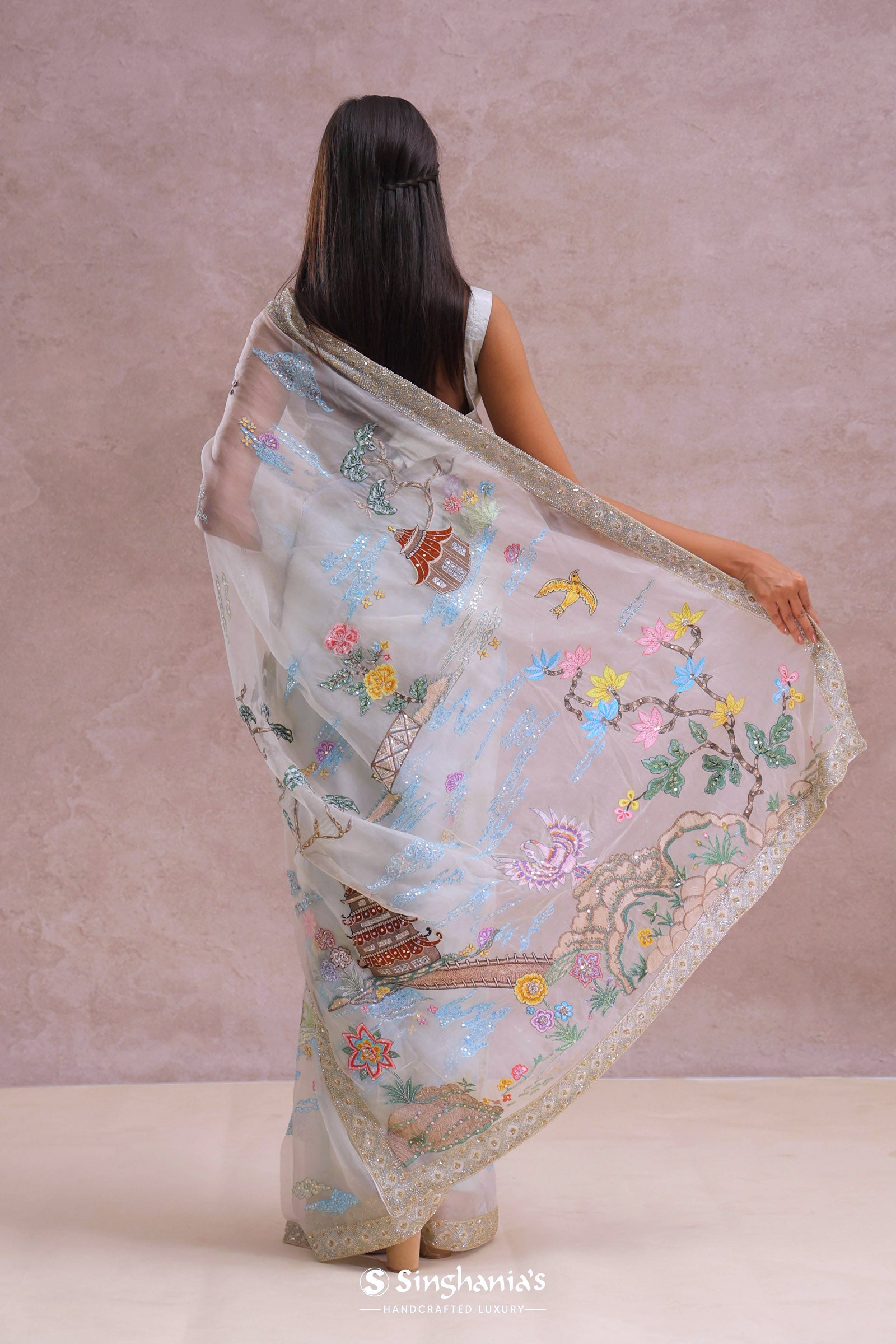 White Organza Embroidery Saree