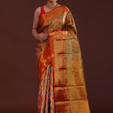 Orange Kanjivaram Tissue Saree With Leaf Patterns