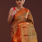 Orange Kanjivaram Tissue Saree With Leaf Patterns