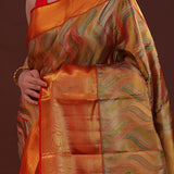 Orange Kanjivaram Tissue Saree With Leaf Patterns